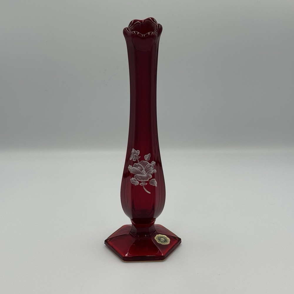 Vintage Westmoreland Red Glass 9" Bud Vase with Flower design